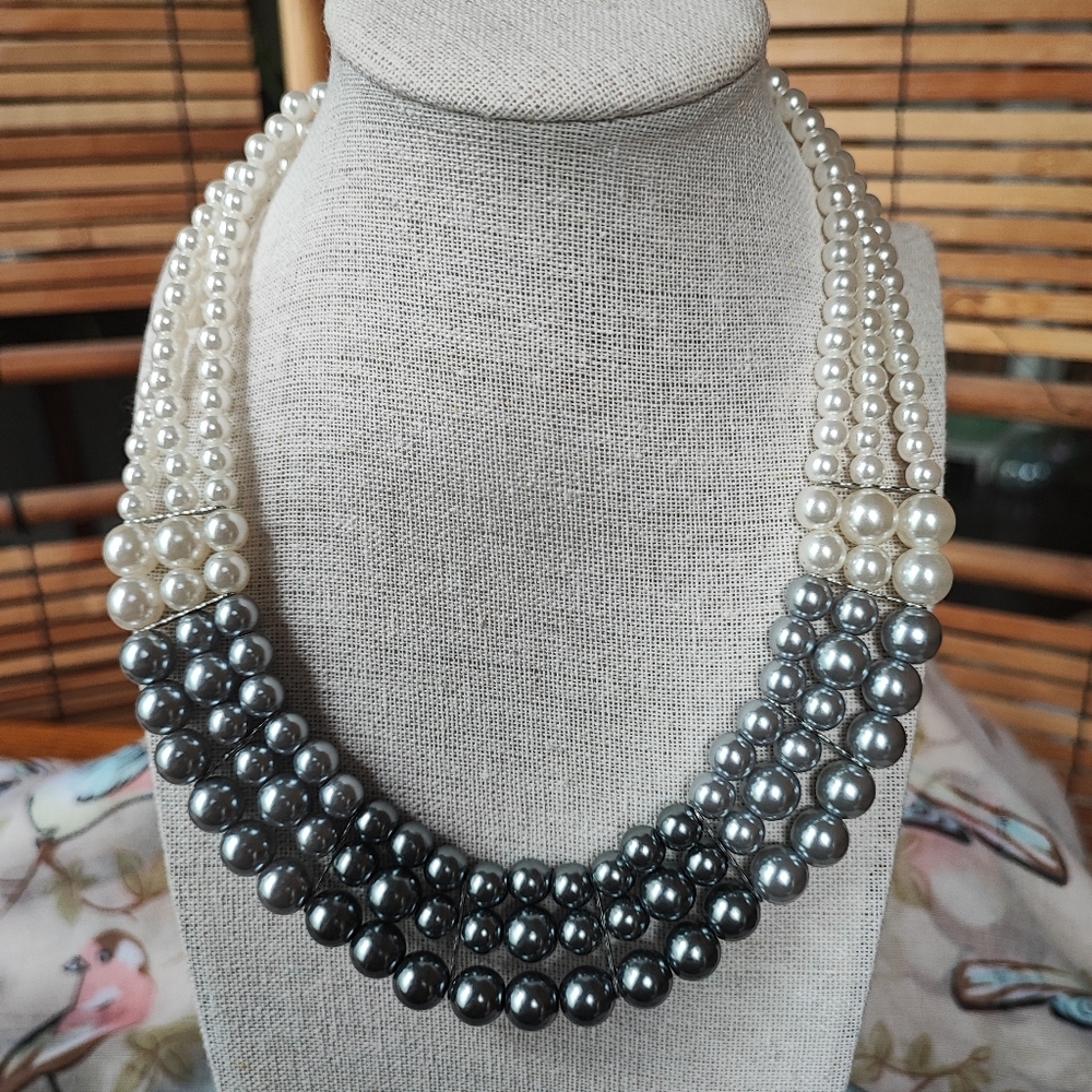Ombre Grey Gray Faux Pearl Necklace Bib Necklace Vintage